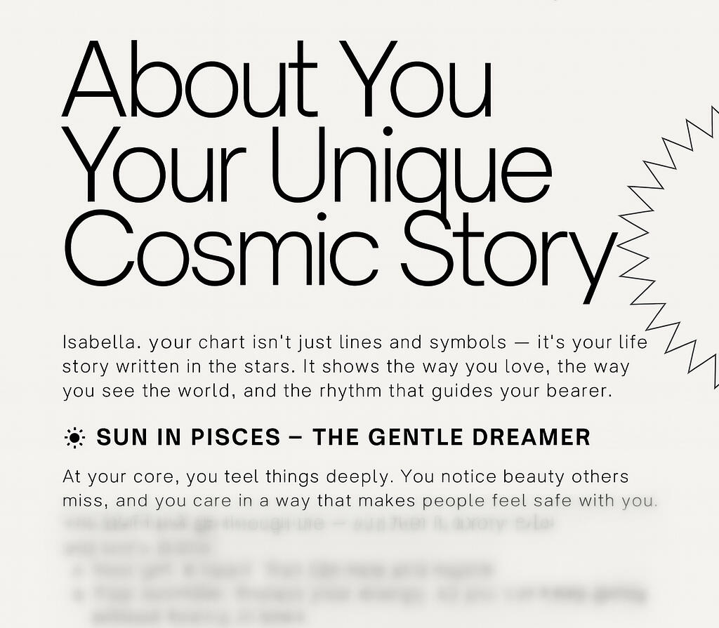 Your unique cosmic story — love, connection, and self-discovery “Sample page from a personalized astrology love reading showing Sun in Pisces, Moon in Libra, and Rising in Sagittarius descriptions.”
