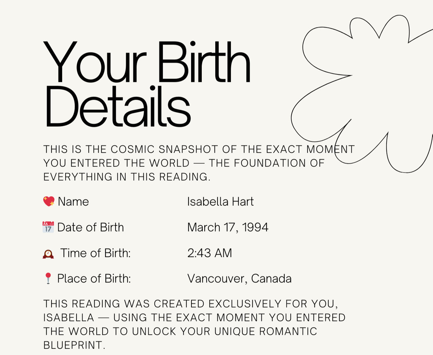 Your real birth chart — the starting point for every CelestiaLove reading “Example of the birth details section used to create a real astrology chart, including date of birth, exact time, and place.”