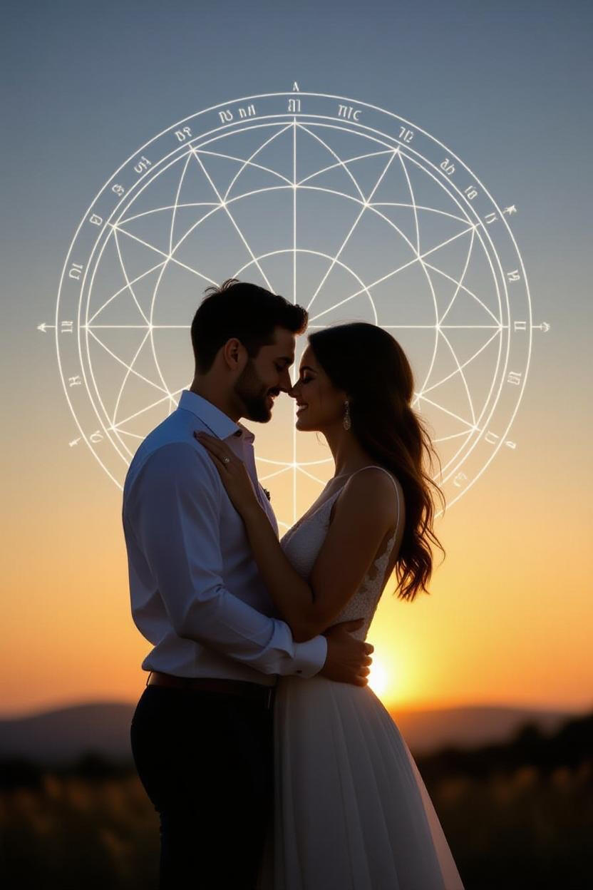 A loving embrace beneath the stars — your cosmic connection revealed Romantic couple embracing at sunset with an astrological chart in the background